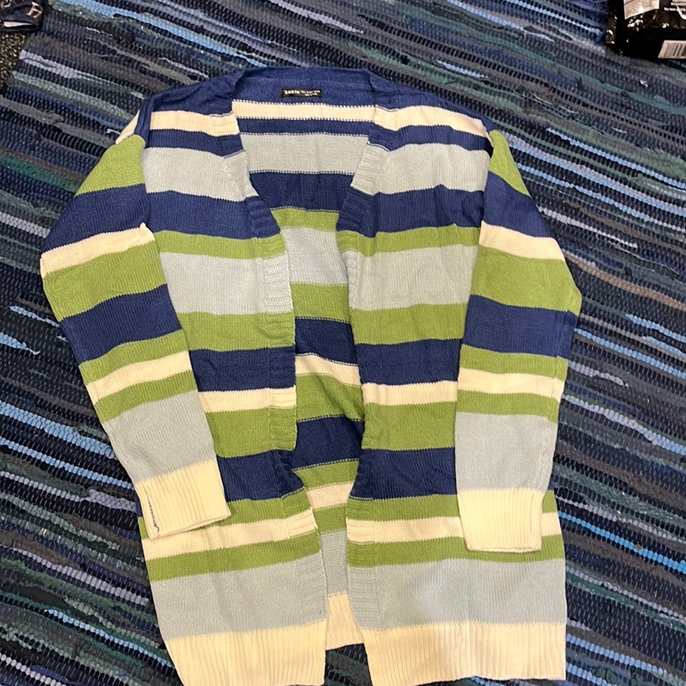 Shrub blue, white and green striped cardigan. Size Largw